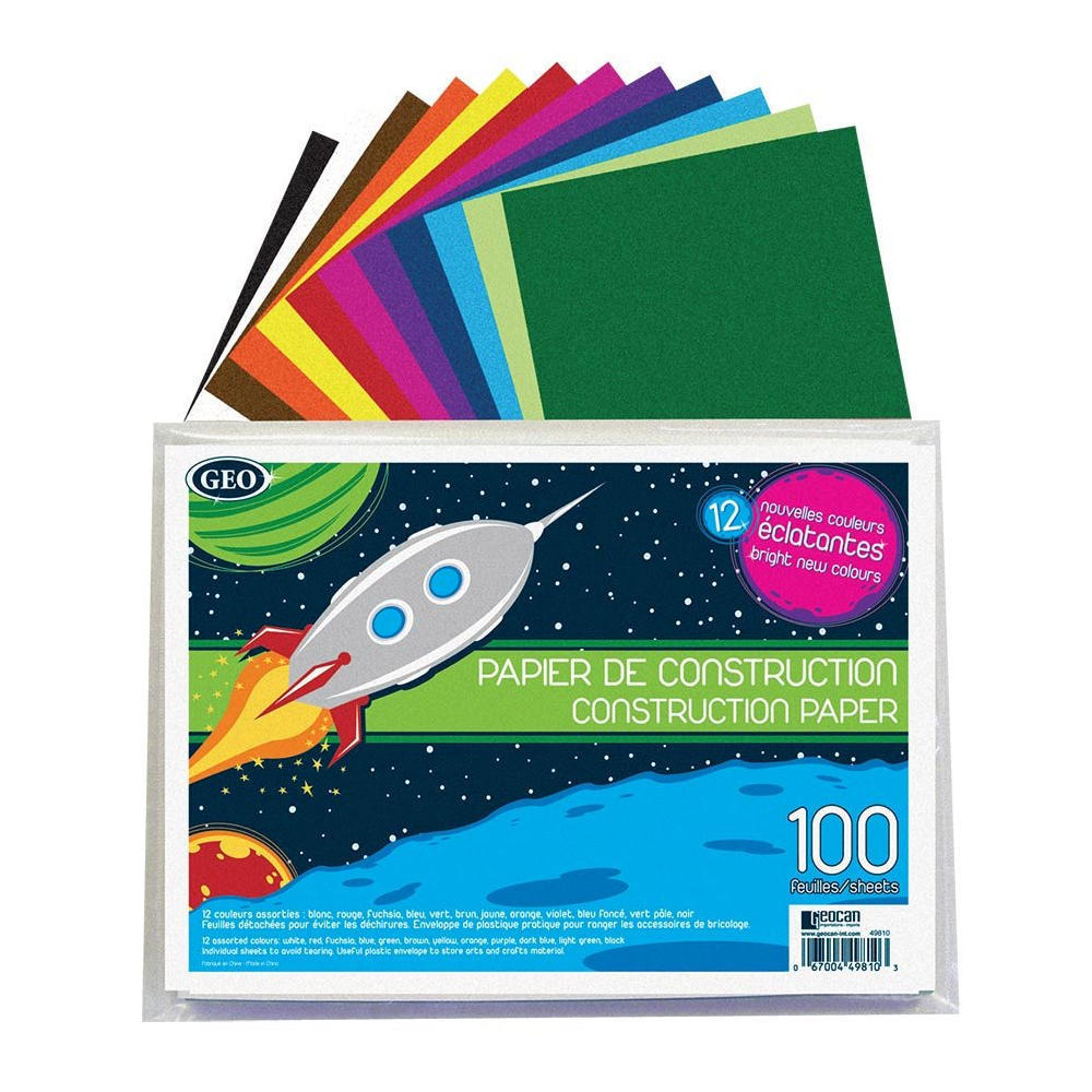 Geo® papier de construction, 81/4 x 115/8'', 12 couleurs assorties, 100 feuilles/paquet 223198