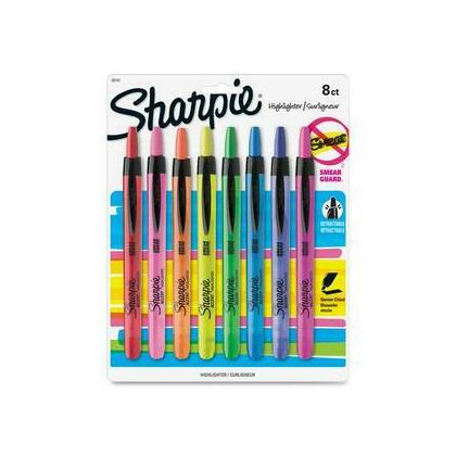 Sharpie® Retractable Chisel Tip Highlighters, Smear Guard, Assorted Colors, 8 / Pack (139931)