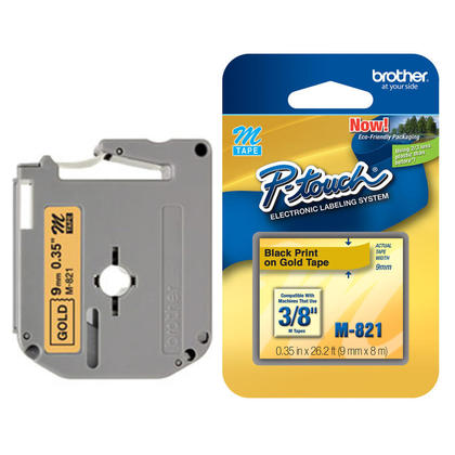 Brother M-821 Original P-Touch M Series Tape, 9mm (0.35"), Black on Gold