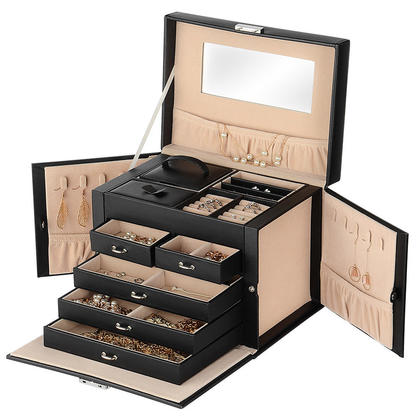 Lockable Jewelry Box Storage 20 Slot  Large Multi-Layer Leather Organizer Case Black - SortWise®