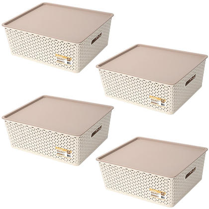 Plastic Weave Storage Tote Bedroom Laundry Basket Khaki Storage Box 23-Quart 4Pack - SortWise®