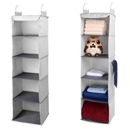 Hanging Clothes Storage Foldable Closet Toy Organizer Bag 5 Shelf With Mesh Pockets Grey - SortWise®