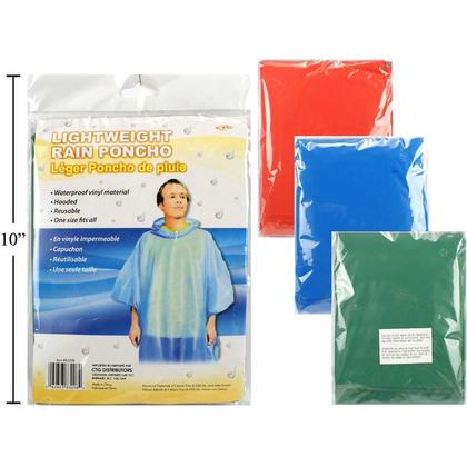 Poncho de pluie avec capuche pour les adultes 52"Wx 40"L, 1 couleur aléatoire par paquet