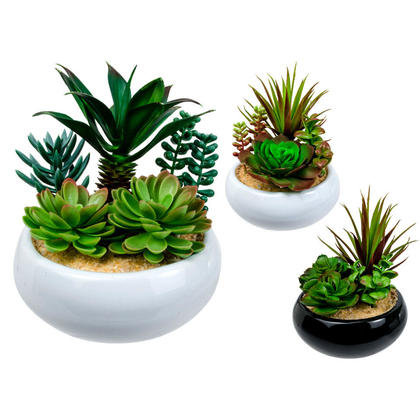 Decorative Plastic Artificial Succulent Plants in 6.25" Round Ceramic Pot, Random Style