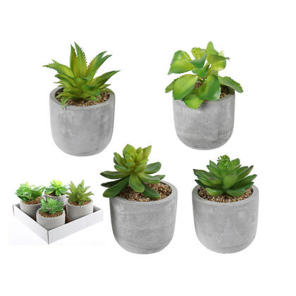 Decorative Plastic Artificial Succulent Plants in 4" Dia Round Concrete Pot, 1 Random Style Per Pack