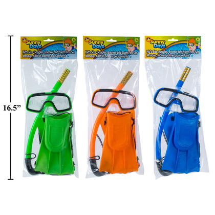 Kids Size Mask, Snorkel and Swim Fins Set, 1 Randomized Color Per Pack