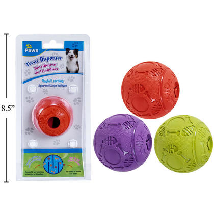 Pet Treat Dispenser Distribution Ball, 1 Randomized Color Per Pack, 2.3" Dia. - Paws