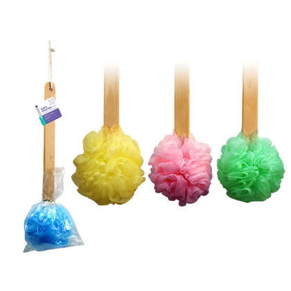 Bath Sponge Shower Ball With Wooden Handle, 1 Randomized Color Per Pack