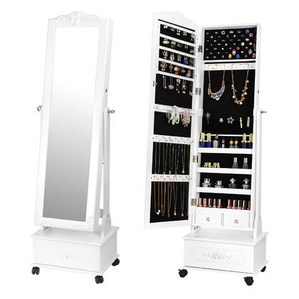 Movable Jewelry Cabinet With Full-Length Mirror Standing Jewelry Armoire Organizer - SortWise®