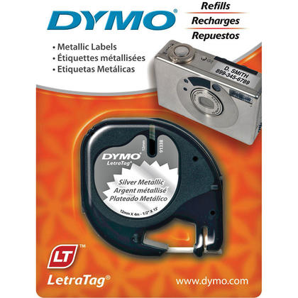 DYMO 91338 LetraTag Original Label Tape, 12mm (1/2"), Black on Metallic Labels