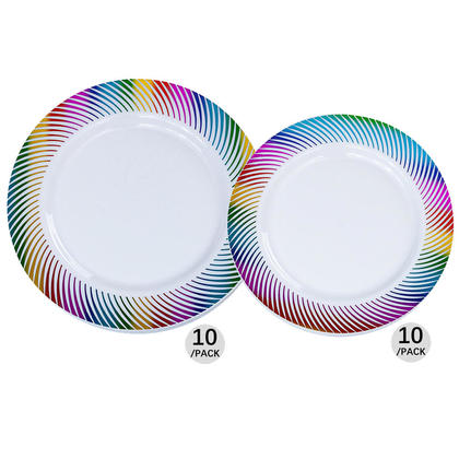 Premium Plastic Party Plate White with Colorful Swirl Rim, 10.25"10 Pcs + 7.5"10Pcs - LIVINGbasics®