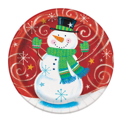 Happy Snowman Swirl Holiday Party Plates for Home Party Decor, 9 inch, 8ct