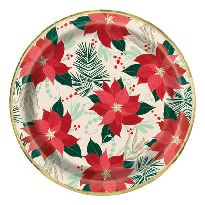 Assiettes en papier de Noël poinsettia rouge et or avec une feuille d'or, 9 pouces, 8ct