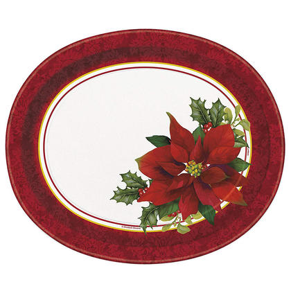 Holly Poinsettia Christmas Holiday Oval Paper Plates for Home Party Decor, 8ct