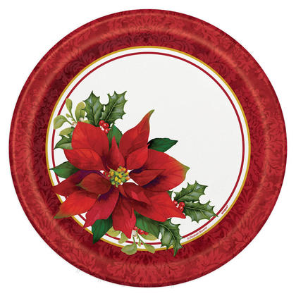 Holly Poinsettia Christmas Holiday Dinner Paper Plates for Home Party Decor, 9 inch, 8ct