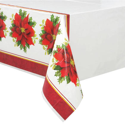Holly Poinsettia Christmas Holiday Plastic Tablecloth for Home Party Decor, 84 x 54 inch, 1ct