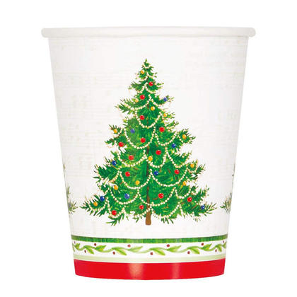 Classic Christmas Tree Party Paper Cups for Holiday Home Decor, 9 oz, 8ct