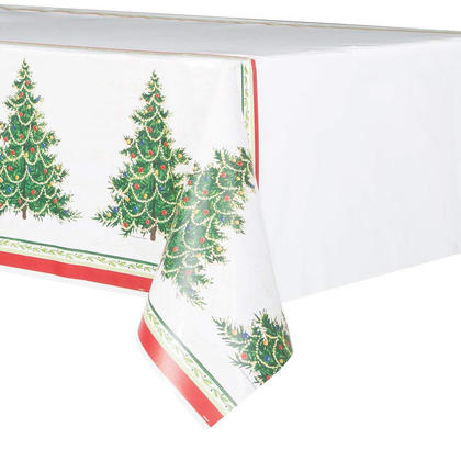 Classic Christmas Tree Plastic Tablecloth for Home Party Decor, 84" x 54", 1ct