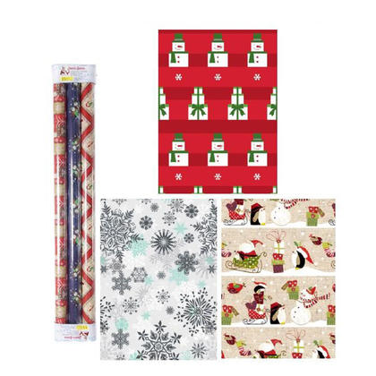 Christmas Giftwrap Xmas Design Flat Wrap 30" x 72", 3 Rolls/Pack