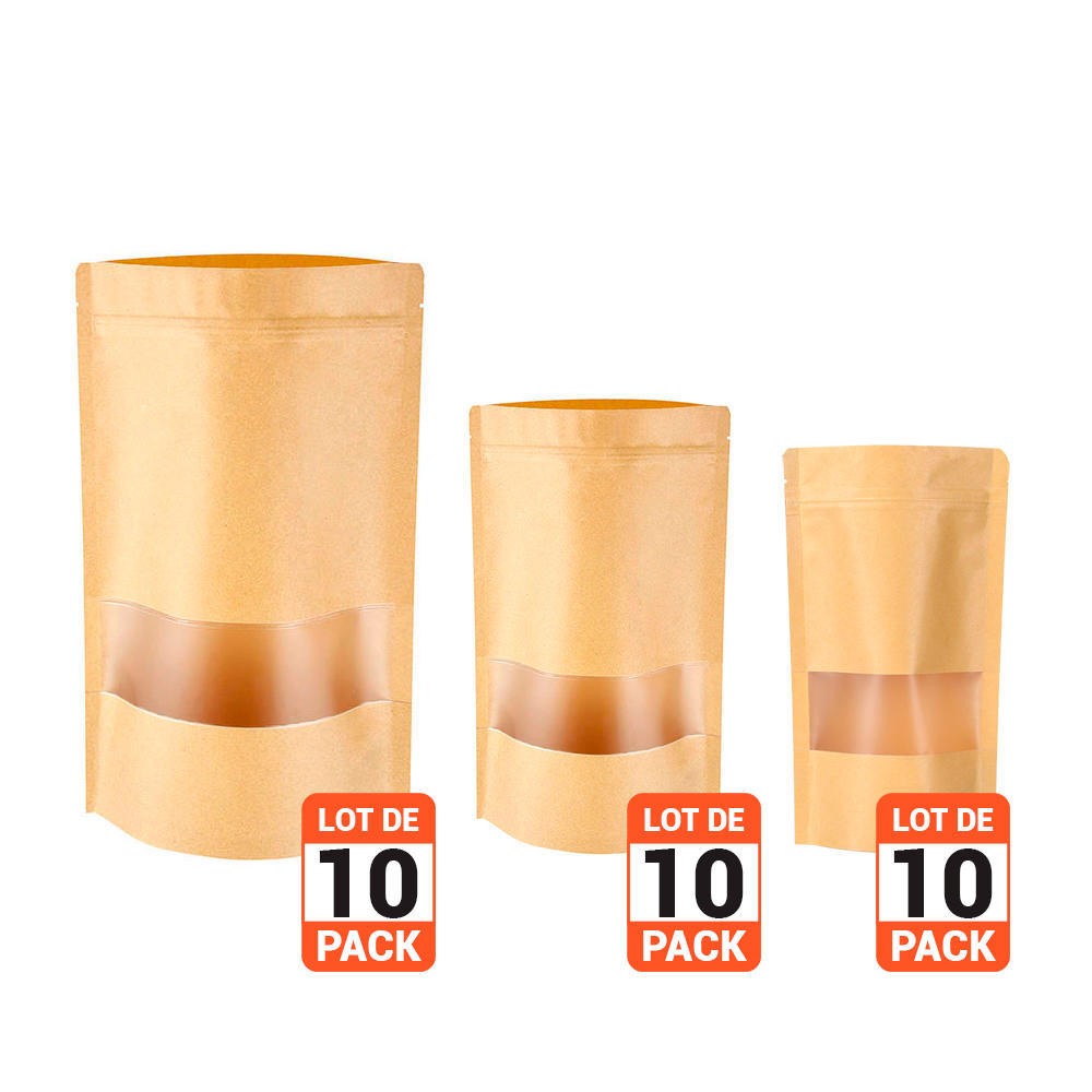 Reusable Zip Lock Stand Up Kraft Paper Bag with Matte Transparent Window, 10pcs LIVINGbasics­­™