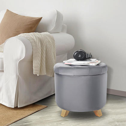 Velvet Tufted Round Storage Ottoman with Removable Lid, Gray - SortWise®