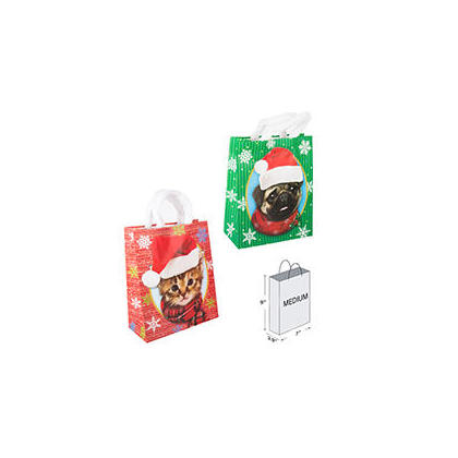 Christmas Cat & Dog Fuzzy Handle Gift Bag - Medium, Matte