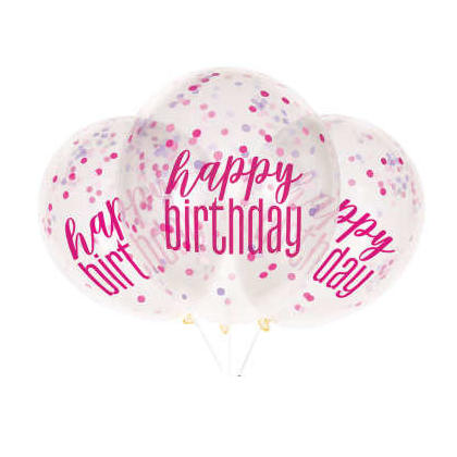 6 Clear Printed Glitz Pink & Silver "Happy Birthday" Balloons with Confetti , 12"