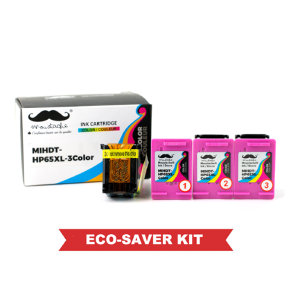 Remanufactured HP 65XL N9K03AN Eco-Saver Tri-Color Ink Cartridge High Yield 3PK Combo - Moustache®