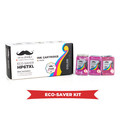 Remanufactured HP 67XL Eco-Saver Color Ink Cartridge High Yield 3PK Combo - Moustache®
