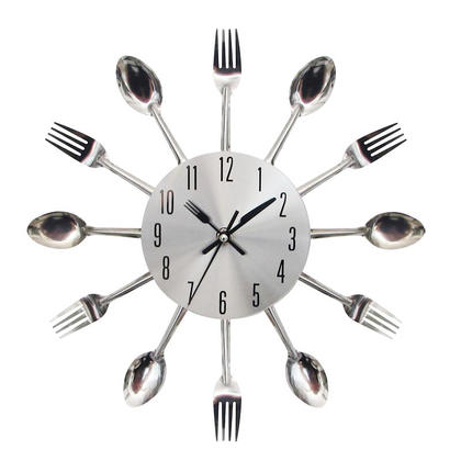 12-Inch Creative Wall Clock with Spoon & Fork Decor, Silver