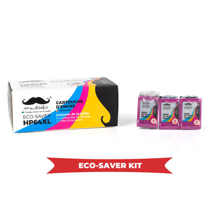 Remanufactured HP 64XL N9J91AN Eco-Saver Color Ink Cartridge High Yield 3PK Combo - Moustache®
