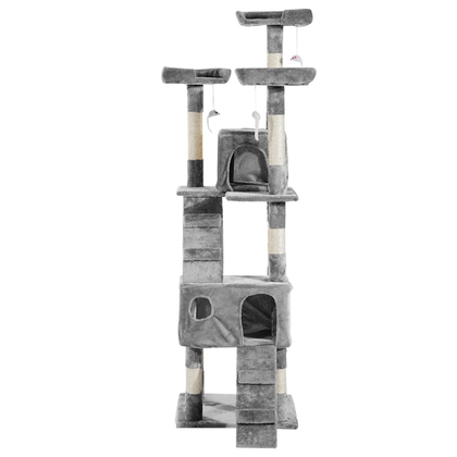 67” Multi-Level Cat Scratching Tree, Cat Activity Center with Hanging Toy, Grey - PawHut