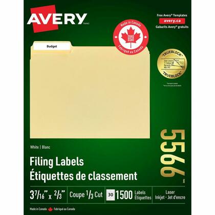Avery® TrueBlock™ Filing Labels, 2/3" x 3-7/16", White, Removable Adhesive, 1500 / Pack (479253)