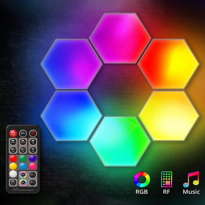 Color Modular Hexagon Light Panels With Sound Sensitive & Remote Control, 6/Pack