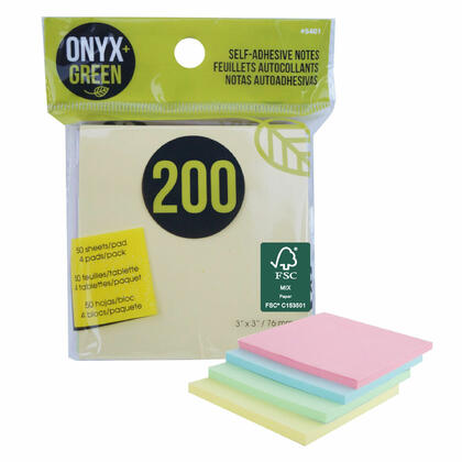 Onyx & Green® Eco-Friendly Sticky Notes, Assorted Color, 3″ x 3″, 4 Pads/Pack