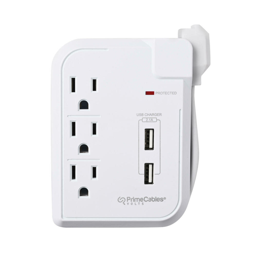 Compact Surge Protector Power Strip - 3 AC Outlets, 2 USB-A Ports