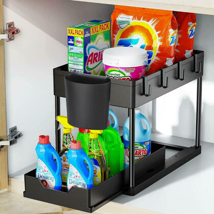 STORA™ Slide-Out Under Sink Organizer - 2-Tier, with Hooks & Cups, Black/White
