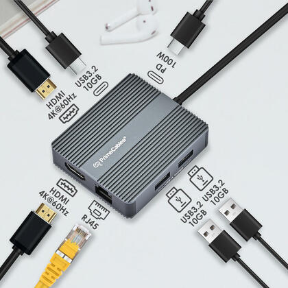 7-Port USB-C Hub with 2* 4K HDMI + 2* USB3.2 10Gbps + PD100W + USB-C3.2 + RJ45 - PrimeCables®