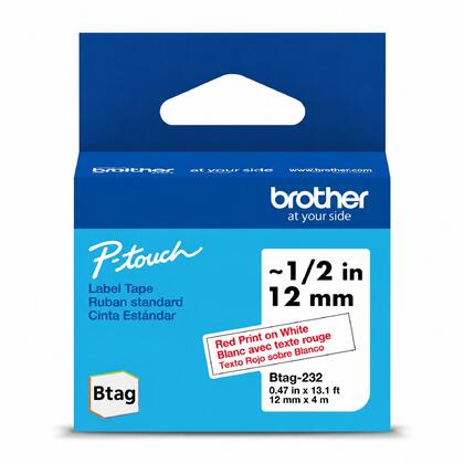 Brother BTAG232 Original Label Tape, 12mm (0.47"), Red on White, 4m (13.1 ft）