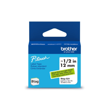 Brother BTAGG31 Original Non-Laminated Label Tape, 12mm (0.47"), Black on Green, 4m (13.1 ft）