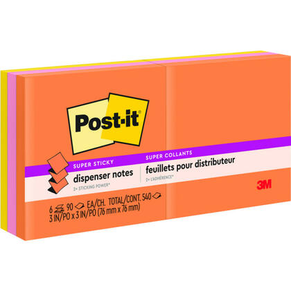 3M Post-it® Recharges feuillets super collants accordéon, 3 po x 3 po, assorties, 6 paquet