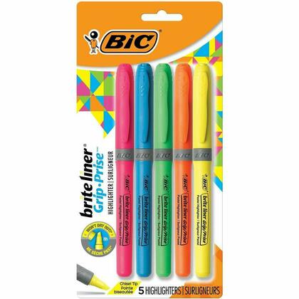 BiC® Brite Liner® Surligneurs fluorescents avec prise confort, pointe biseautée, assorties, 5/paquet