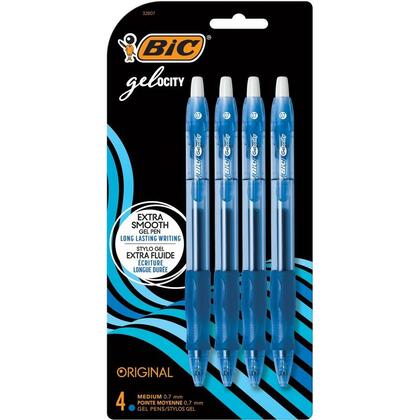 BiC® Gelocity® Stylos à encre gel rétractables originaux, pointe moyenne 0,7 mm, 4 / paquet