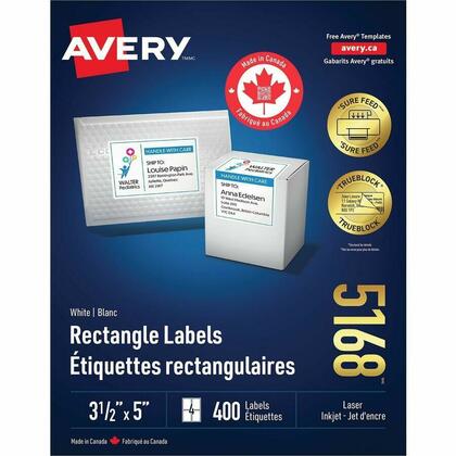 Avery® TrueBlock® Étiquettes d'expédition adhésif permanent, 3-1/2 x 5 po, blanc, 400 / paquet