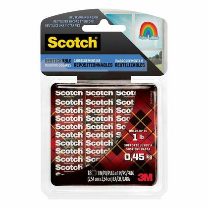 3M Scotch® Carrés de montage double-face, repositionnables et réutilisables 1" x 1", 18 / paquet