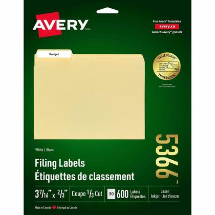Avery® TrueBlock™ Étiquettes de classement permanentes, 2/3" x 3-7/16", 600 paquet