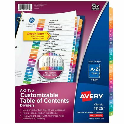Avery® Ready Index® Intercalaires pour reliure, onglets alphabétiques A-Z, multicolores, jeu de 26