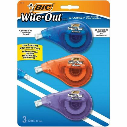 BiC® Wite-Out® EZCorrect Ruban correcteur incassable, 12 m, couleurs assorties, 3 paquet