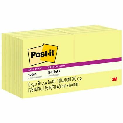 3M® Post-it® Notes Super Sticky, carrées 2 x 2 po, jaunes, 90 feuilles / bloc, 10 blocs / paquet