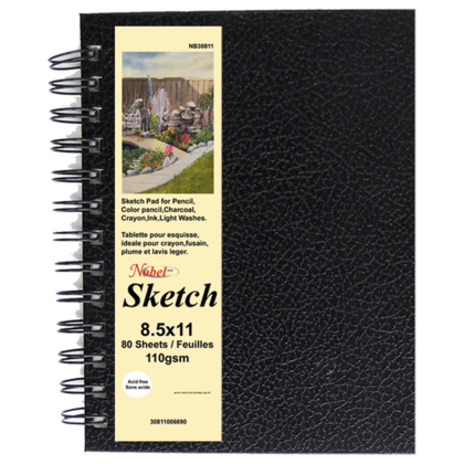 Nobel® Carnet de croquis à spirale vertical avec couverture en cuir, noir, 80 feuilles, 110 g/m²